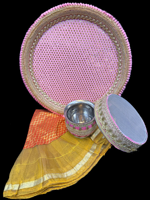 Decorated Karwachauth Thali Set (Thali, Channi, Lota(Kalash) Chunri