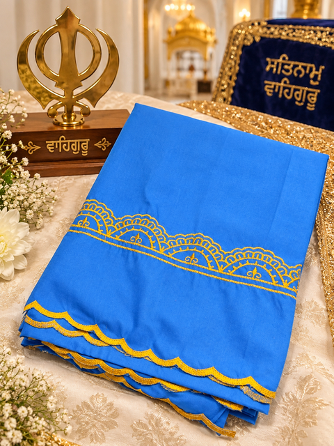 Elegant Hazoori Saropa crafted in rich light blue fabric, adorned with traditional yellow and white embroidery and a delicate scalloped border.Size (around 216cms lenth / 84 cms wide)