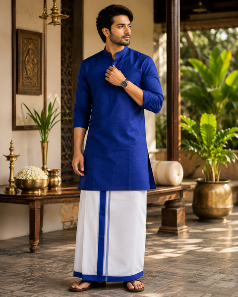 Woven Cotton Kerala Mundu / Dhoti in White ( 3.75 mtrs )Kurta not included,slight variation is possible