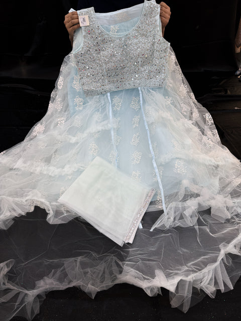 Beautiful embroidery and stone work long top with netting lehnga and dupatta