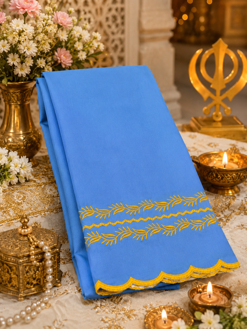 Elegant Hazoori Saropa crafted in rich light blue fabric, adorned with traditional yellow and white embroidery and a delicate scalloped border.Size (around 216cms lenth / 84 cms wide)