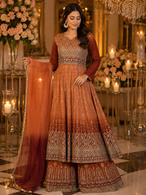 Ombré Georgette based sequined and embroidery work kameez with sharara pants and netting dupatta (slight variation in color and design is possible)