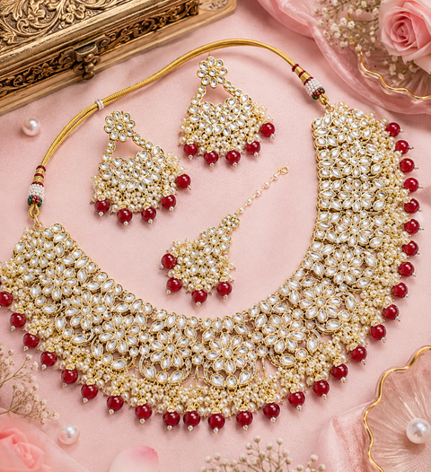 Kundan studded & pearls work designer heavy work Necklace set with beautiful Earrings & Tikka