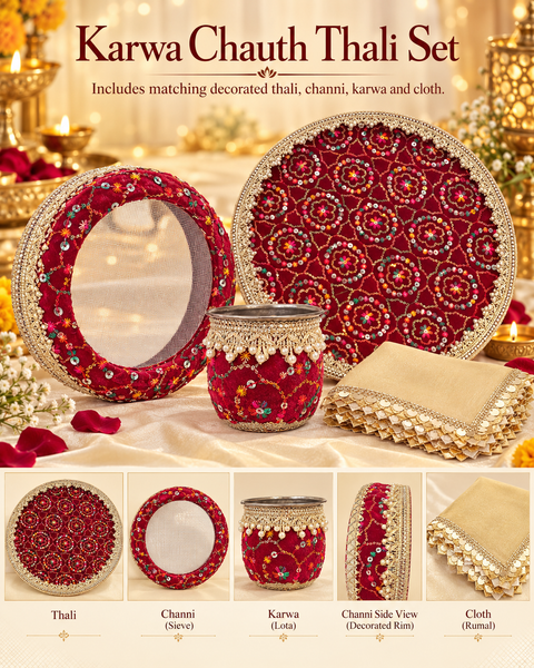 Elegant Karwa Chauth Thali Set in a maroon and gold theme with colourful embroidery, pearl detailing and matching thali, channi, kalash and cover cloth. Slight variation in colour and design is possible.