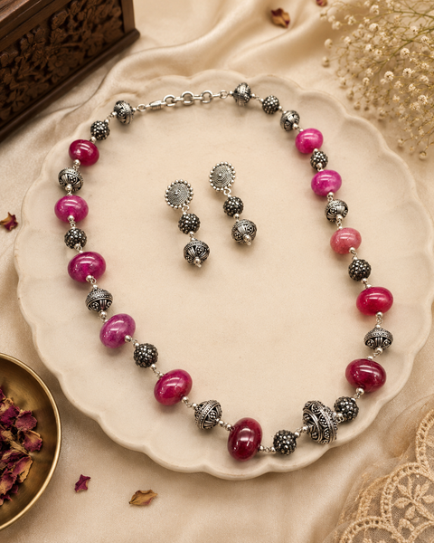The unique colorful gems with beaded stones design Beautiful work oxidised Necklace with earrings