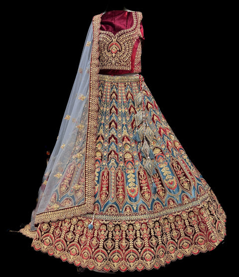 (Video Clip attached)Velvet based hand work with stones work two toned design Heavy Ken ken Bridal designer lehnga with heavy handwork blouse and two Dupatta , with netting and with velvet and heavy latkans