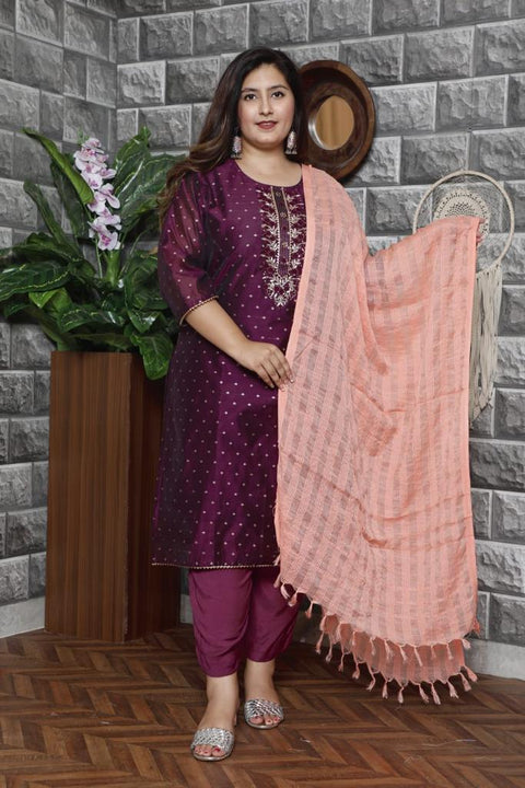 Cotton Silk based handwork with Golden thread work design beautiful kurti with Plazo pants & Dupatta