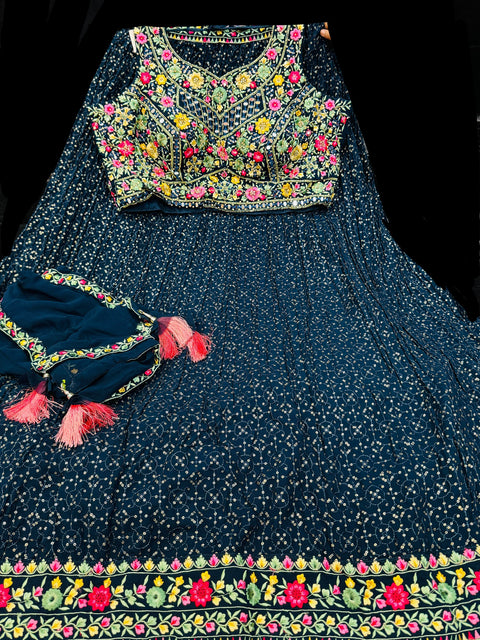 Georgette based embroidery with hand work crop top designer blouse with lehnga and Georgette dupatta