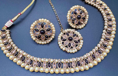 Polki And Pearls Work Beautiful Necklace Set With studs & Tikka