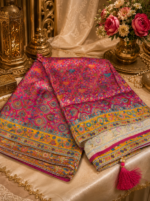 Kashmiri Kalamkari Inspired Soft Silk Saree with vibrant multicolour weaving and an elegant contrast pallu for a rich, timeless look.Blouse piece attached. Model image for reference only. Slight variation in colour and design may occur.