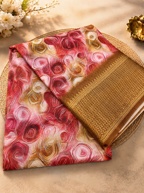 Elegant soft art silk saree featuring a vibrant abstract digital print, complemented with a rich gold zari woven border , Comes With An Unstitched Running Blouse Piece Attached To The Saree (Slight Variation In Color And Design Is Possible)