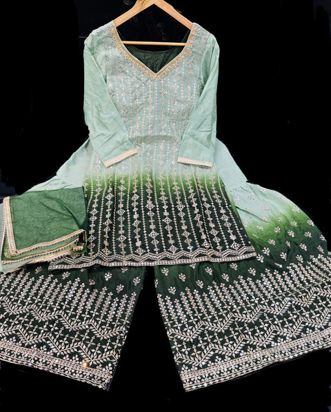 Ombré shades Georgette based sequined and embroidery work kameez with sharara pants and Georgette dupatta