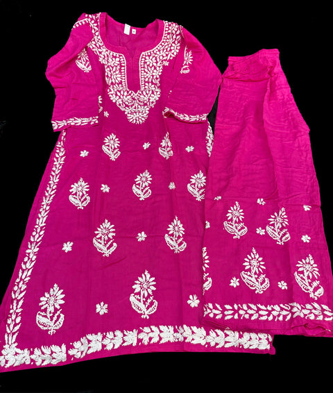 Hot Pink color Very very soft Pure Rayon based lakhnavi work kurti with plazo pants