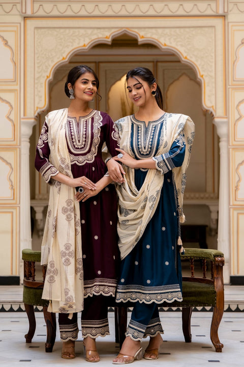 Pure Rayon based embroidery work with mirror work design Beautiful designer Kurti with embroidery work plazo pants & Printed Dupatta