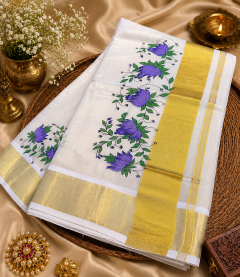 KERALA Gold Tissue SAREE WITH BEAUTIFUL FLORAL PRINT (slight variation in color & design is possible)