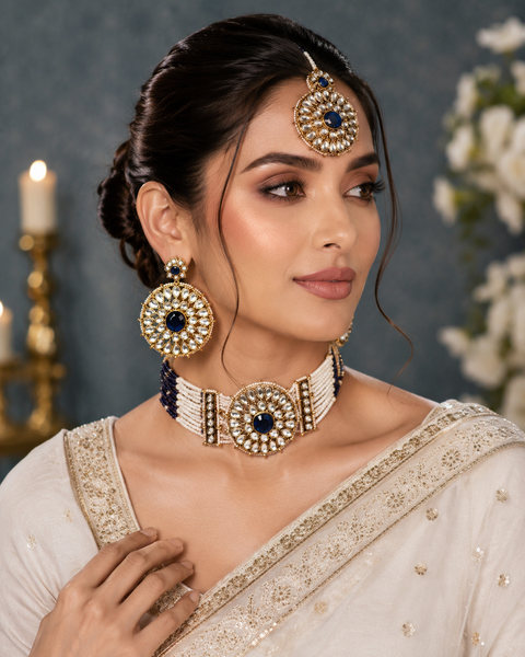Pearls beaded with Kundan stone beautiful choker necklace with Earrings & Tikka