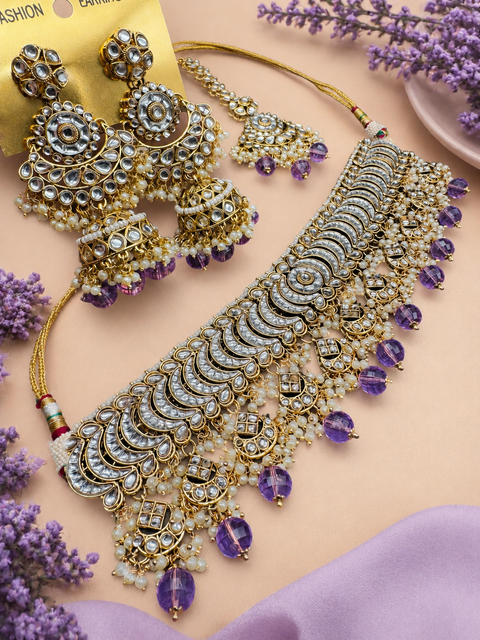 Kundan with pearls work beautiful heavy work choker necklace with designer Jhumka Earrings and Tikka