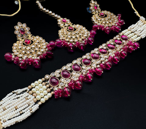 Original Polki big stone with pearls beaded heavy work classy choker necklace with earrings and tikka set