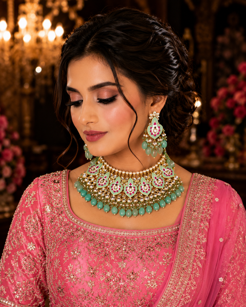Pastel mint and seafoam green colour beautiful meenakari work with kundan stones & beads pearls necklace set (slight variation in color and design is possible)