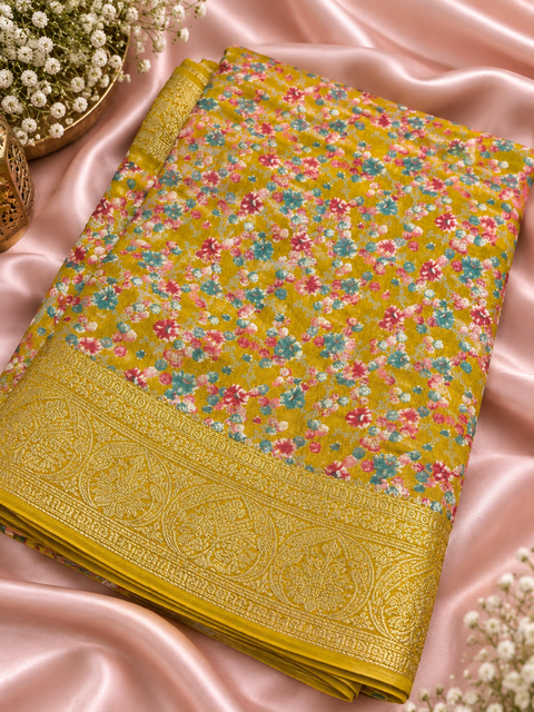 Soft Georgette Printed Saree – Lightweight and flowy with elegant all-over print and border. Matching blouse piece attached; model blouse is for reference only. Slight variation in colour/design is possible.