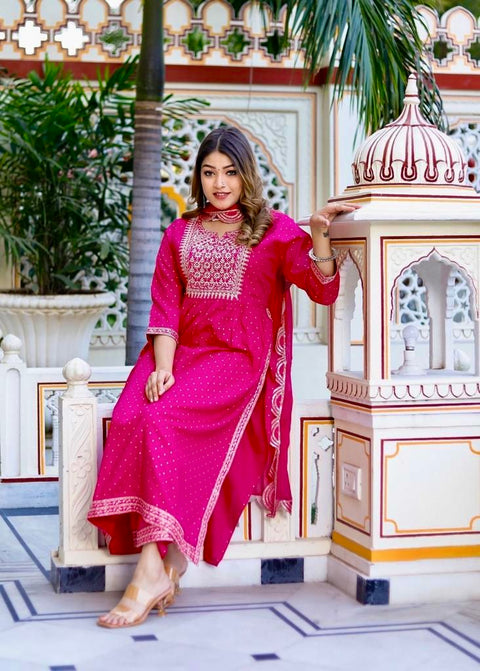 Cotton Rayon based printed work with mirror design flare kurti with plazo pant & Pure chiffon dupatta with lace border
