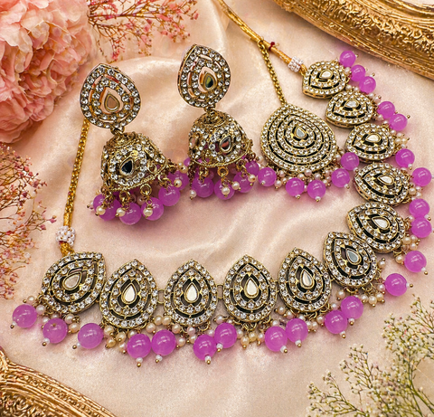 Jerkan stone with pearls beaded work beautiful necklace with jhumka and tikka set