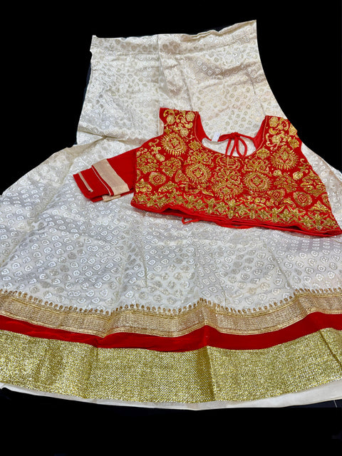 Red Colour Velvet Based Stone Work Blouse With Cream Colour Brocade Silk Based Lehnga