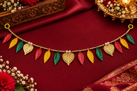 Festive Diwali Door Toran – Beautifully designed with colourful pom-poms, pearl detailing and elegant golden hanging accents. Slight variation in colour and design may occur