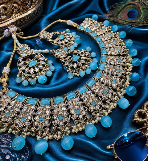 Original Polki stone with pearls beaded work beautiful necklace with jhumka and tikka set
