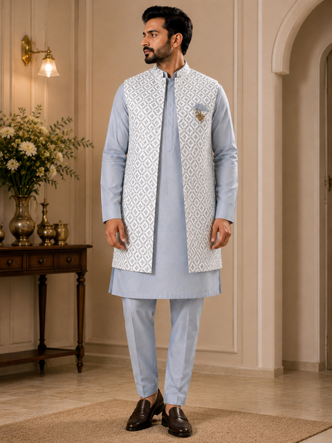 Brocade silk designer jacket with plain kurta and pants (slight variation in color & design is possible )