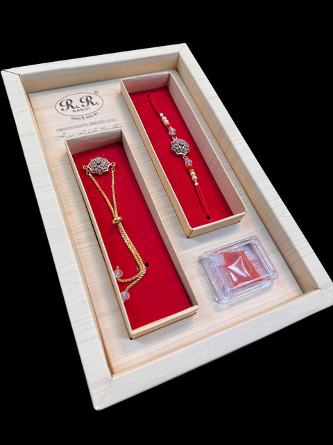 AD stone Work Bhai Bhabhi Rakhi in nice pack gift box with Mishri, Sindoor, Rice, Chandan