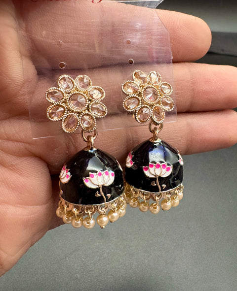 Small size Polki Stone With Pearls Work Beautiful Meenakari Jhumka