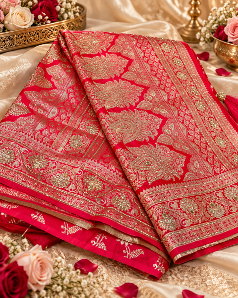 Elegant Soft Banarasi Silk Saree featuring rich woven detailing with sparkling stone work,beautifully heavy stone-work pallu.Comes with an attached blouse piece.Blouse worn by the model is for reference only.Slight variation in colour and design may occur