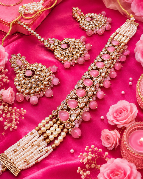 Original Polki big stone with pearls beaded heavy work classy choker necklace with earrings and tikka set(slight variation in color and design is possible )