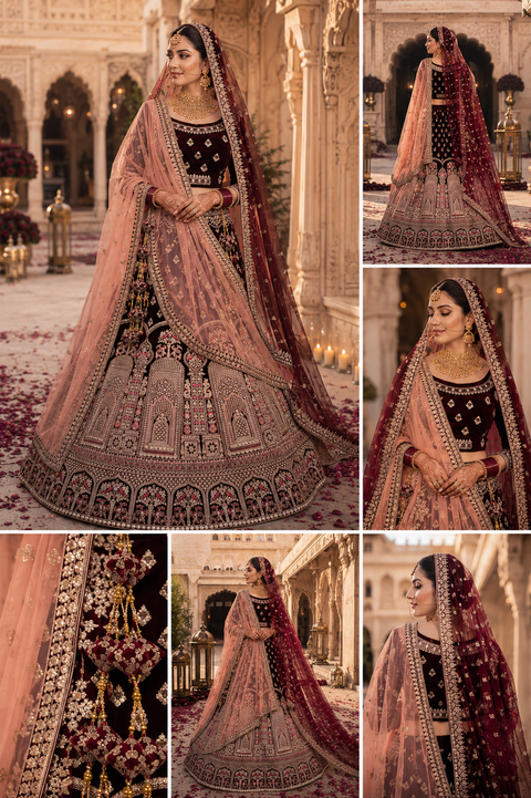 (Video clip attach)Dark maroon color velvet based lehnga with heavy handwork with stones & embroidery work fully heavy flared beautiful designer Readymade Bridal lehnga with very heavy embroidered 2 netting dupatta (heavy latkans attached ) unstitched