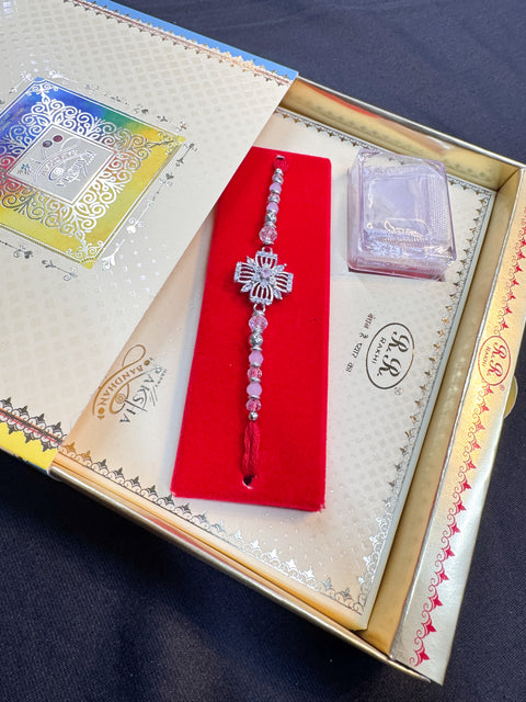 (Video clip attached)AD stone Beautiful Stone Work Rakhi in nice pack gift box with Mishri, Sindoor, Rice, Chandan