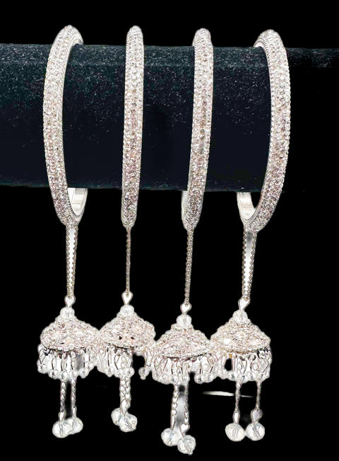 Beautiful Silver fine stone shiny Brass Bangles with Beautiful Latkan set (Sample picture attached at end to show it can be customised with plain Velvet or Metal Bangles)set of 4 Bangles