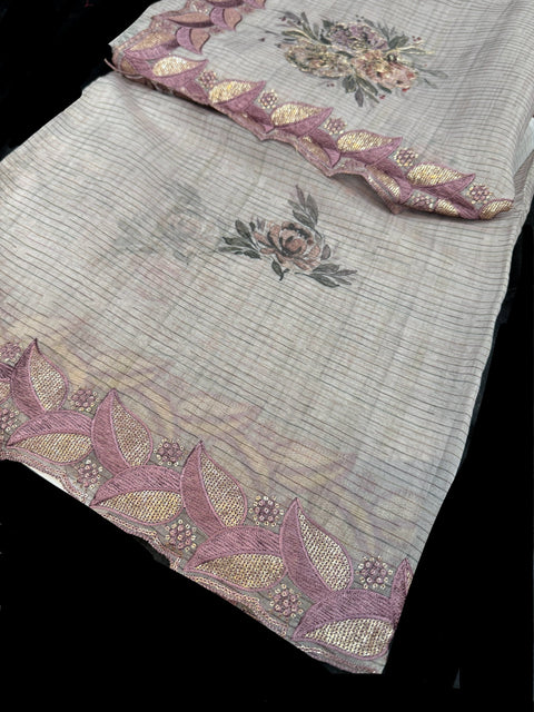 Very soft floral and embroidery & Stone Work  Saree And pink mauve contrast Blouse