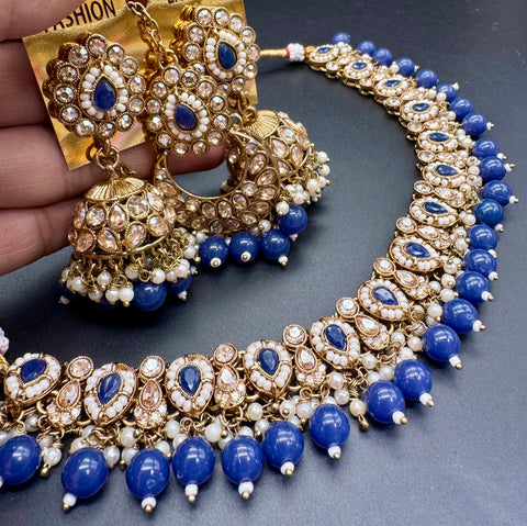 Original Polki stone with pearls beaded work beautiful necklace with jhumka and tikka set