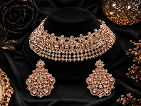 Rosegold & Silver Jerkan Stone Beautiful Necklace Set (slight variation in color and design is possible)