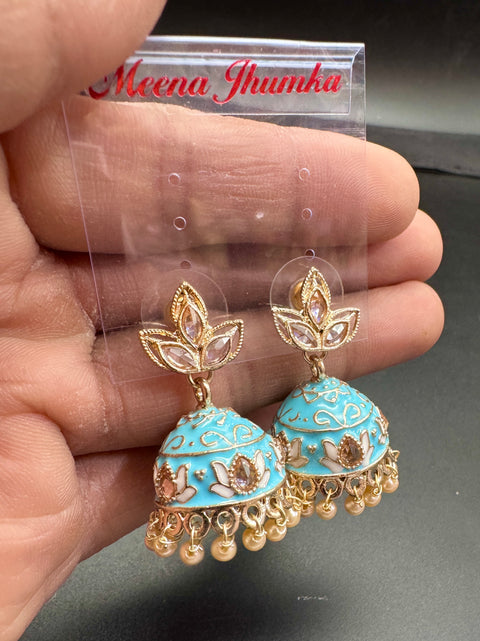 Polki Stone With Pearls Work Beautiful Meenakari Jhumka