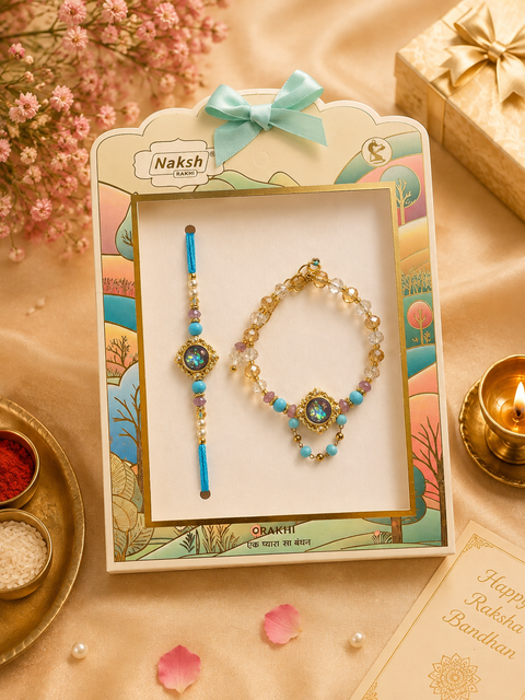 Beautiful Bhai-Bhabhi Rakhi set with colourful beads and elegant detailing — a perfect celebration of the special Raksha Bandhan bond.