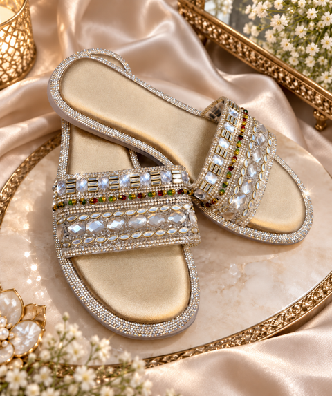 Beautiful Golden flats with sparkling kundan-style stones, crystals and elegant detailing for a classy festive look. Designed with a soft, cushioned base for comfortable wear.