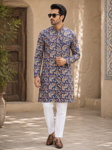 Pure Cotton Based Men’s Printed Kurti (Sizes Mentioned In Inches ,Not According To The Label On Kurti) Size 44 Kurti- Length 40 Inches And Size 46-Length 42 Inches ) Kurti only. Pants not included.