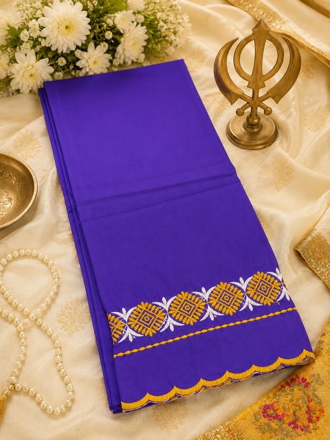 Elegant Hazoori Saropa crafted in rich royal blue fabric, adorned with traditional white and yellow embroidery and a delicate scalloped border.Size (around 216cms lenth / 84 cms wide)