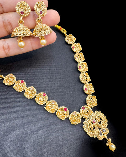 Mat look antique gold traditional necklace set with stones work