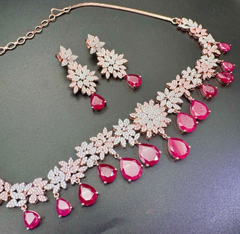 Rose gold American Diamond stones very fine work classy necklace with beautiful earrings