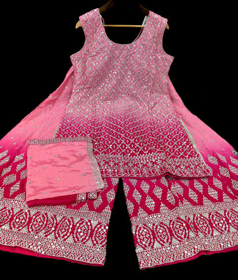 Ombré Georgette based sequined and embroidery work kameez with sharara pants and netting dupatta