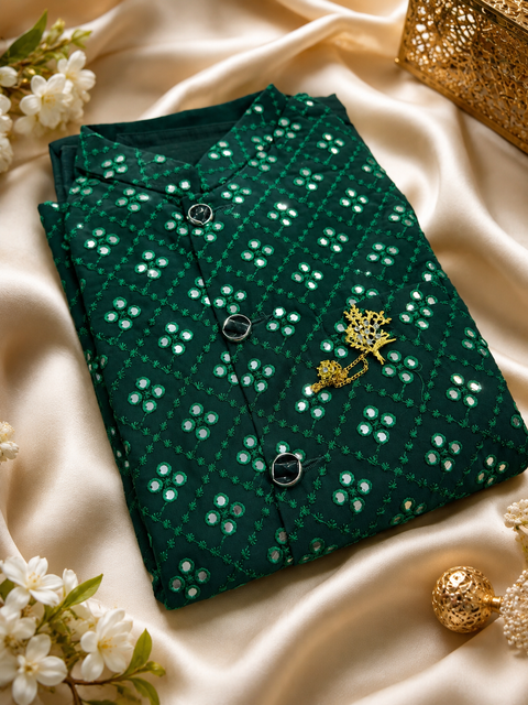 Green Colour Silk Based Kurta With Pants & Mirror Look Stylish Jacket (Slight Variation In Color And Design Is Possible)
