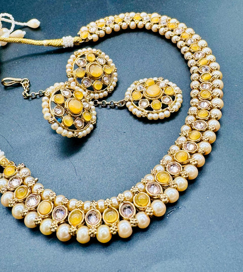Kundan And Pearls Work Beautiful Necklace Set With studs & Tikka
